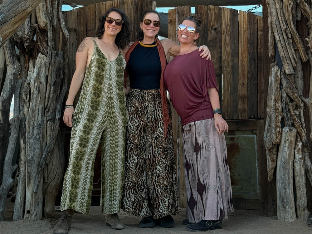 caraucci limited edition printed one-piece jumpers and wide leg pants