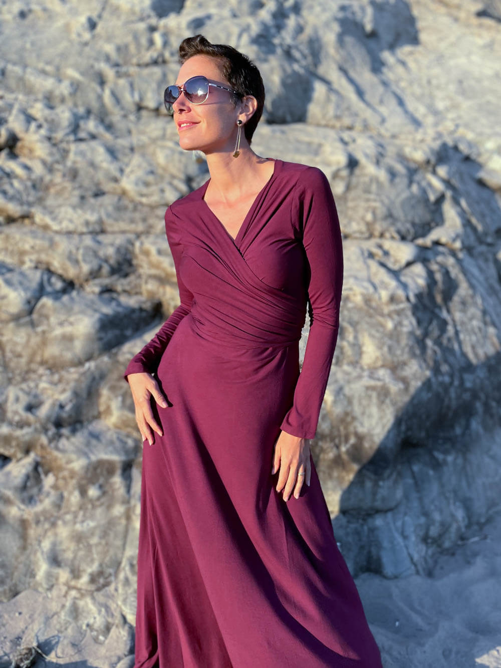 women's plant-based rayon jersey stretchy long sleeve wrap style purple maxi dress #color_jam