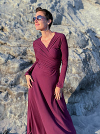 women's plant-based rayon jersey stretchy long sleeve wrap style purple maxi dress #color_jam