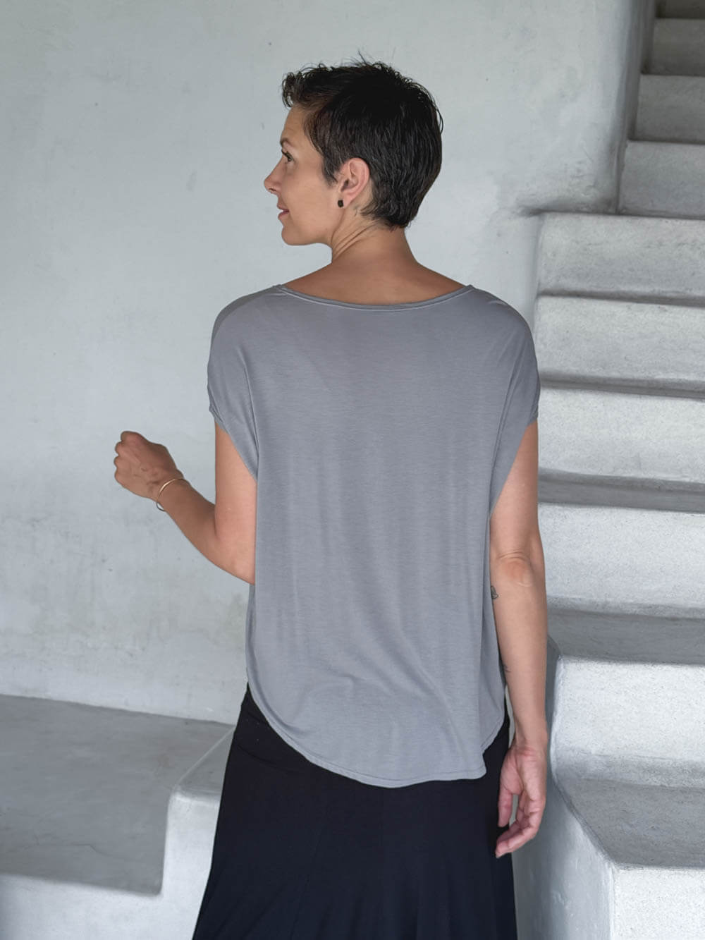 caraucci plant-based rayon jersey lightweight gray unstructured cap sleeve tee #color_stone