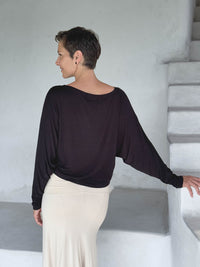 caraucci lightweight rayon jersey black long sleeve dolman top with cream hourglass skirt #color_black