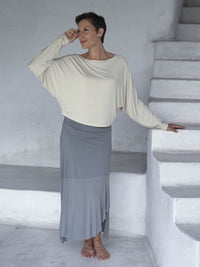 caraucci lightweight rayon jersey cream long sleeve dolman top with grey skirt #color_cream