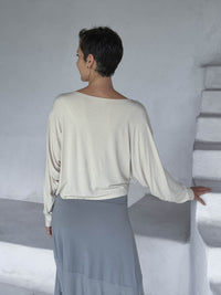 caraucci lightweight rayon jersey cream long sleeve dolman top #color_cream