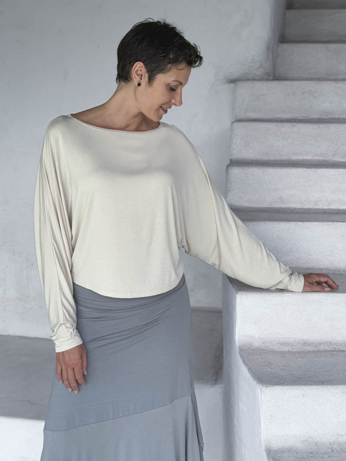 caraucci lightweight rayon jersey cream long sleeve dolman top with stone skirt #color_cream