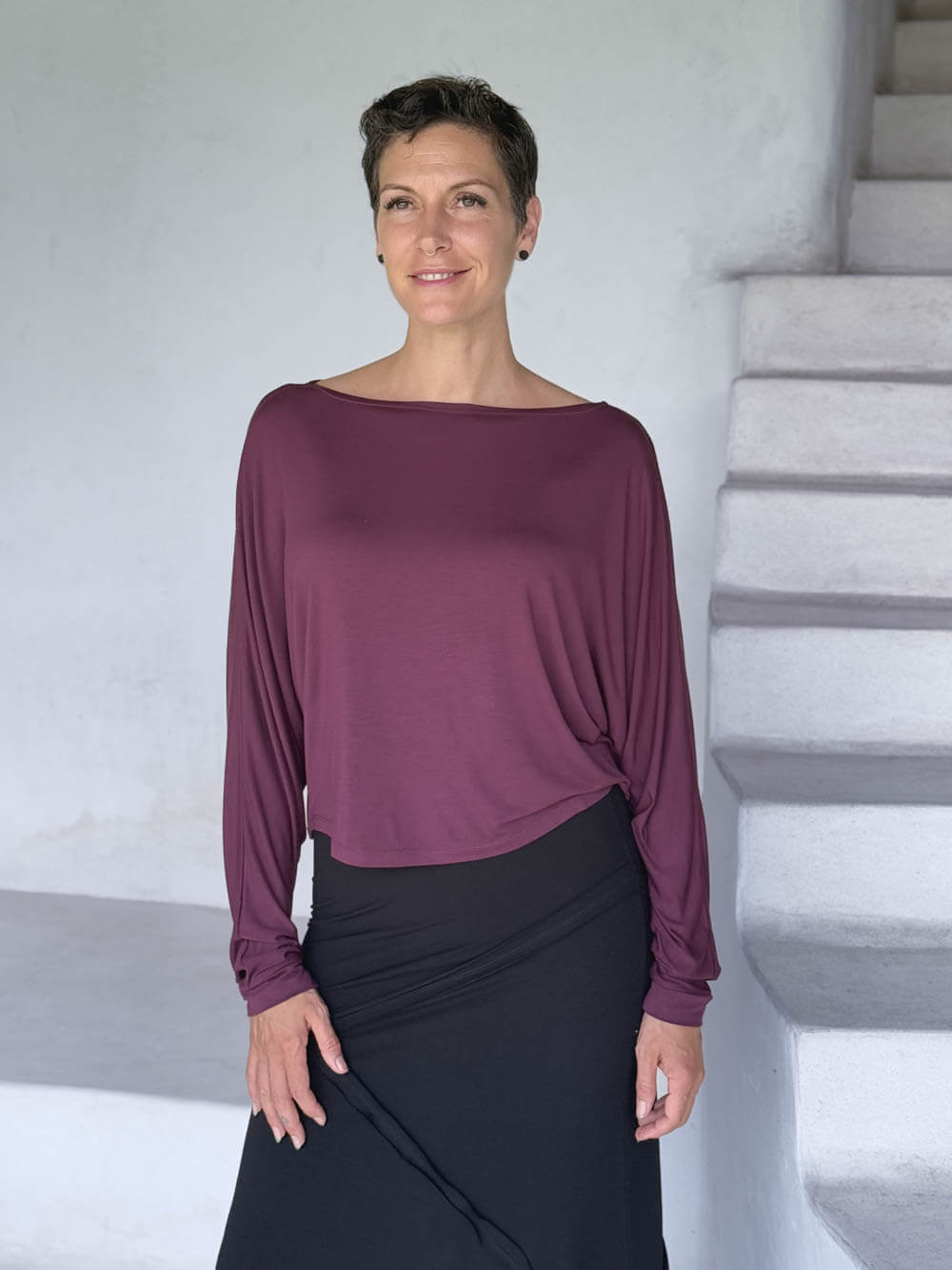 caraucci lightweight rayon jersey jam long sleeve dolman top #color_jam
