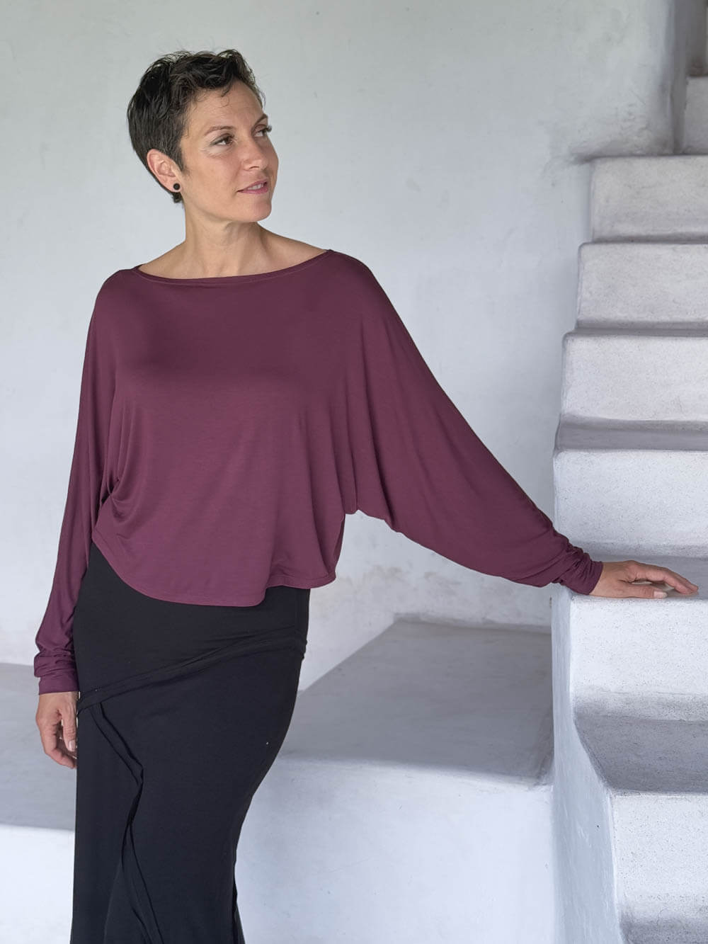 caraucci lightweight rayon jersey jam long sleeve dolman top #color_jam