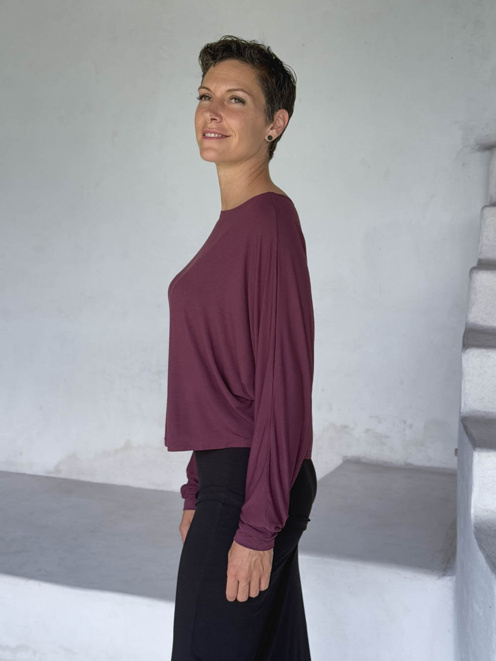 caraucci lightweight rayon jersey jam long sleeve dolman top #color_jam