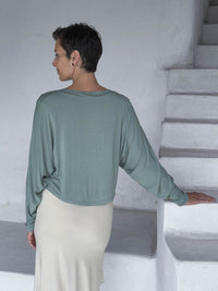 caraucci lightweight rayon jersey moss long sleeve dolman top with cream bias dress #color_moss