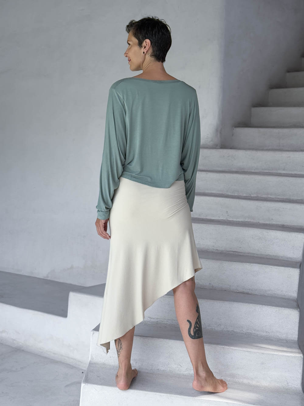 caraucci lightweight rayon jersey moss long sleeve dolman top with cream bias dress #color_moss