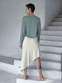 caraucci lightweight rayon jersey moss long sleeve dolman top with cream bias dress #color_moss