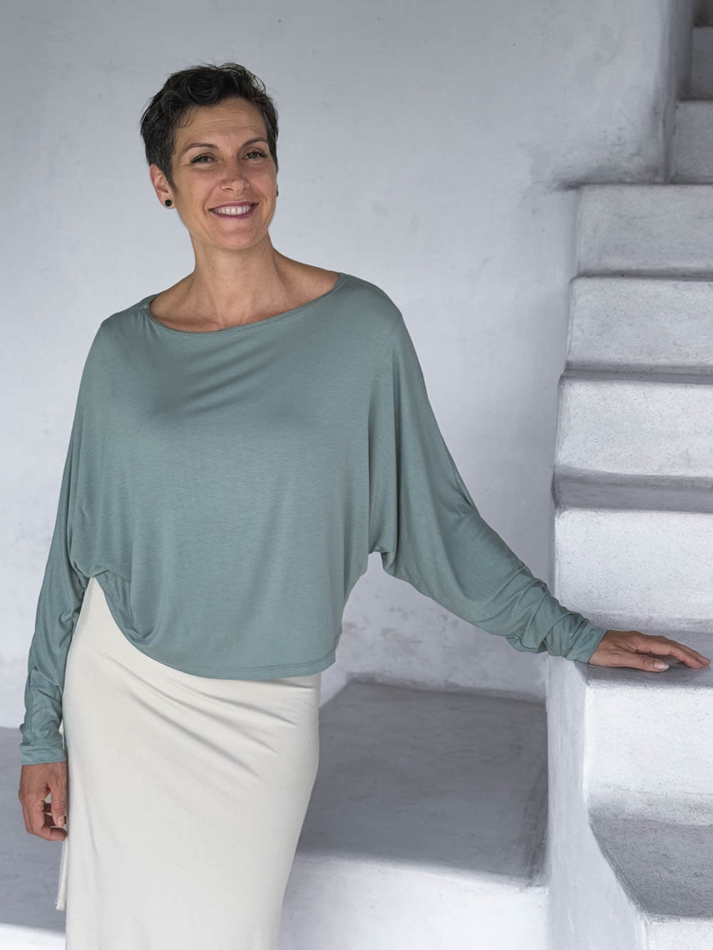 caraucci lightweight rayon jersey moss long sleeve dolman top with cream bias dress #color_moss