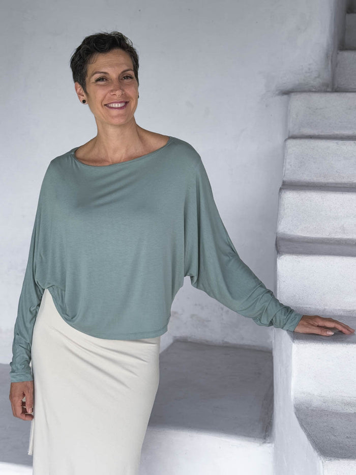caraucci lightweight rayon jersey moss long sleeve dolman top with cream bias dress #color_moss