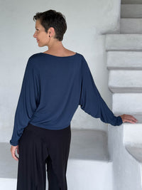 caraucci lightweight rayon jersey navy long sleeve dolman top with black wide leg slit pants #color_navy