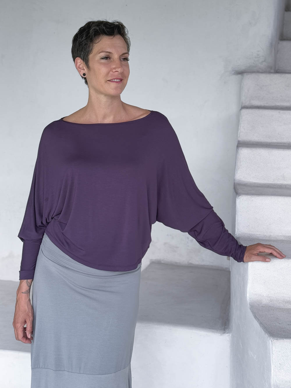 caraucci lightweight rayon jersey purple long sleeve dolman top #color_plum