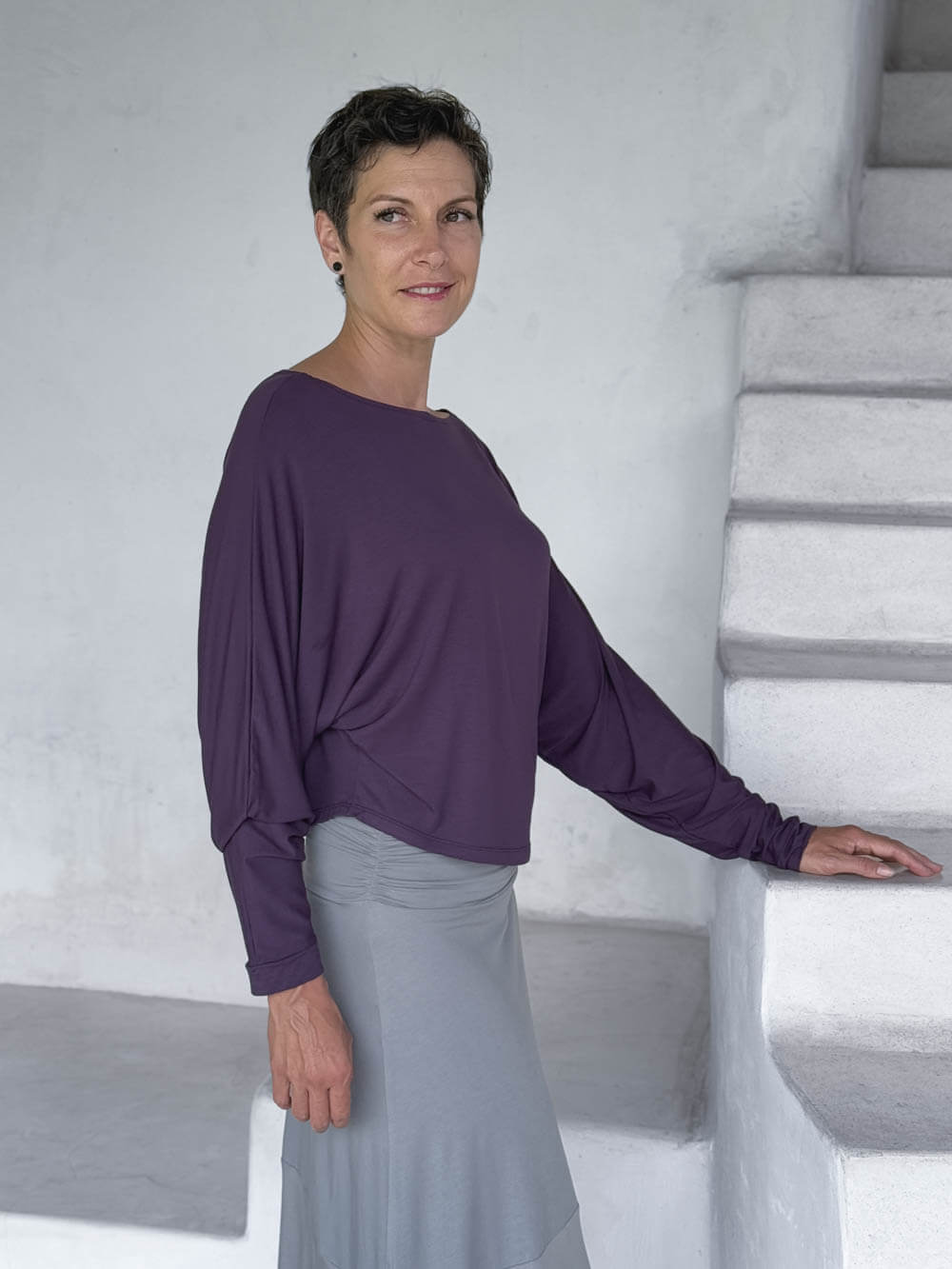 caraucci lightweight rayon jersey purple long sleeve dolman top #color_plum