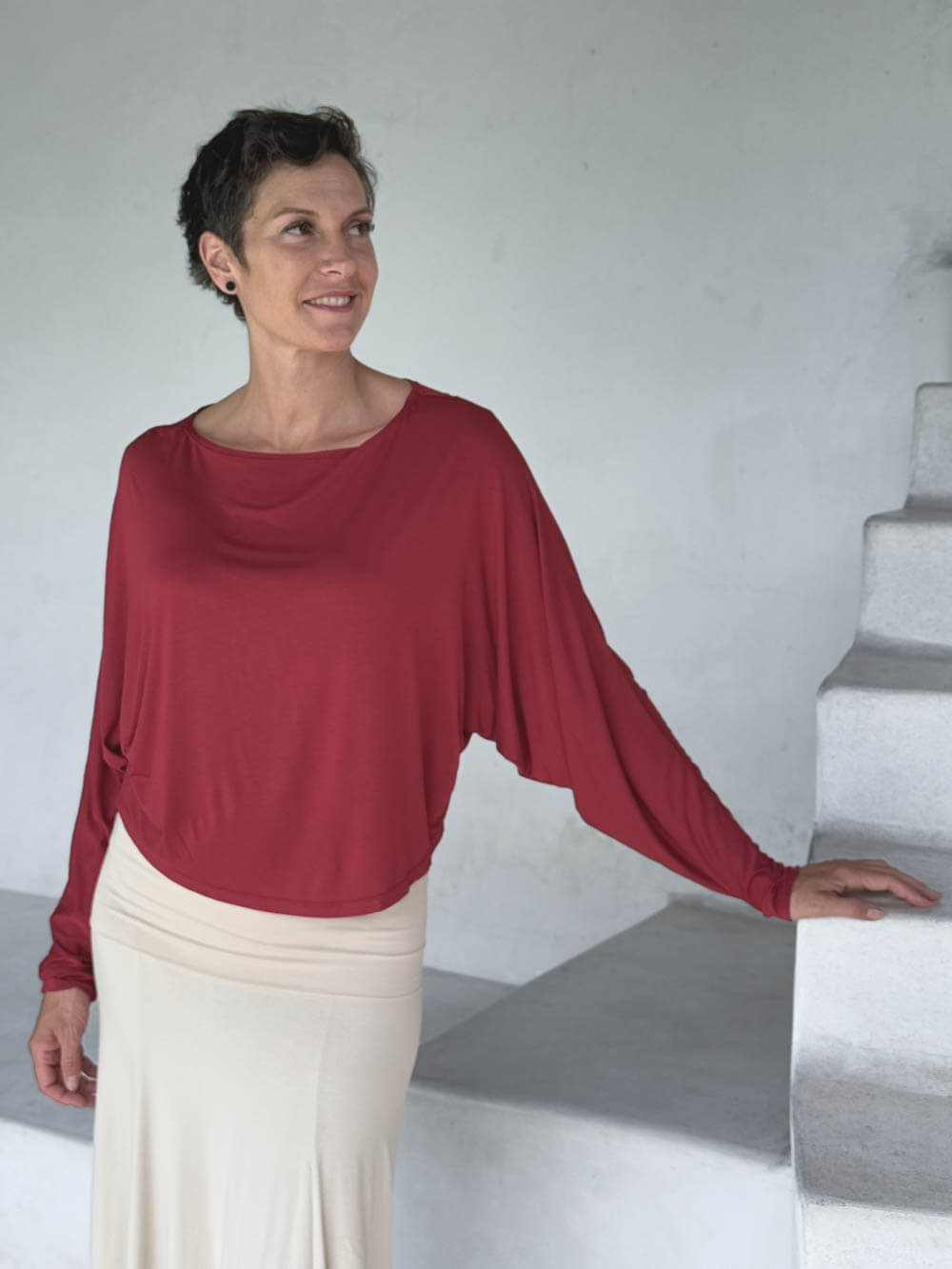 caraucci lightweight rayon jersey red long sleeve dolman top with cream hourglass skirt #color_scarlet
