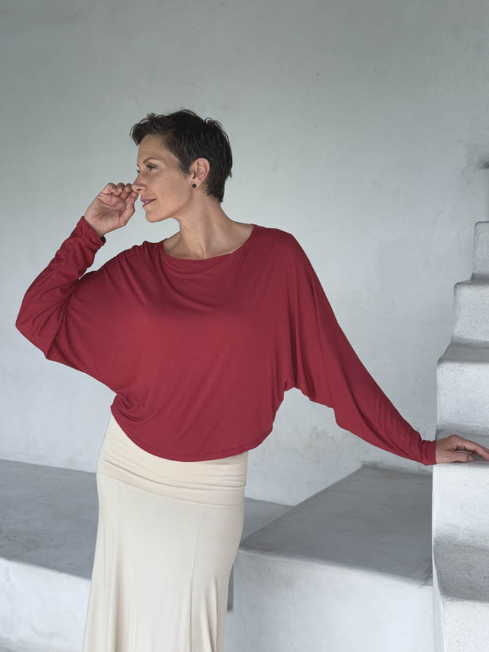 caraucci lightweight rayon jersey red long sleeve dolman top with cream hourglass skirt #color_scarlet