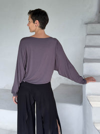 caraucci lightweight rayon jersey steel gray long sleeve dolman top with black wide leg slit pants #color_steel