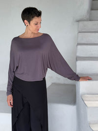 caraucci lightweight rayon jersey steel gray long sleeve dolman top with black wide leg slit pants #color_steel