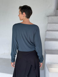 caraucci lightweight rayon jersey teal long sleeve dolman top with black wide leg slit pants #color_teal
