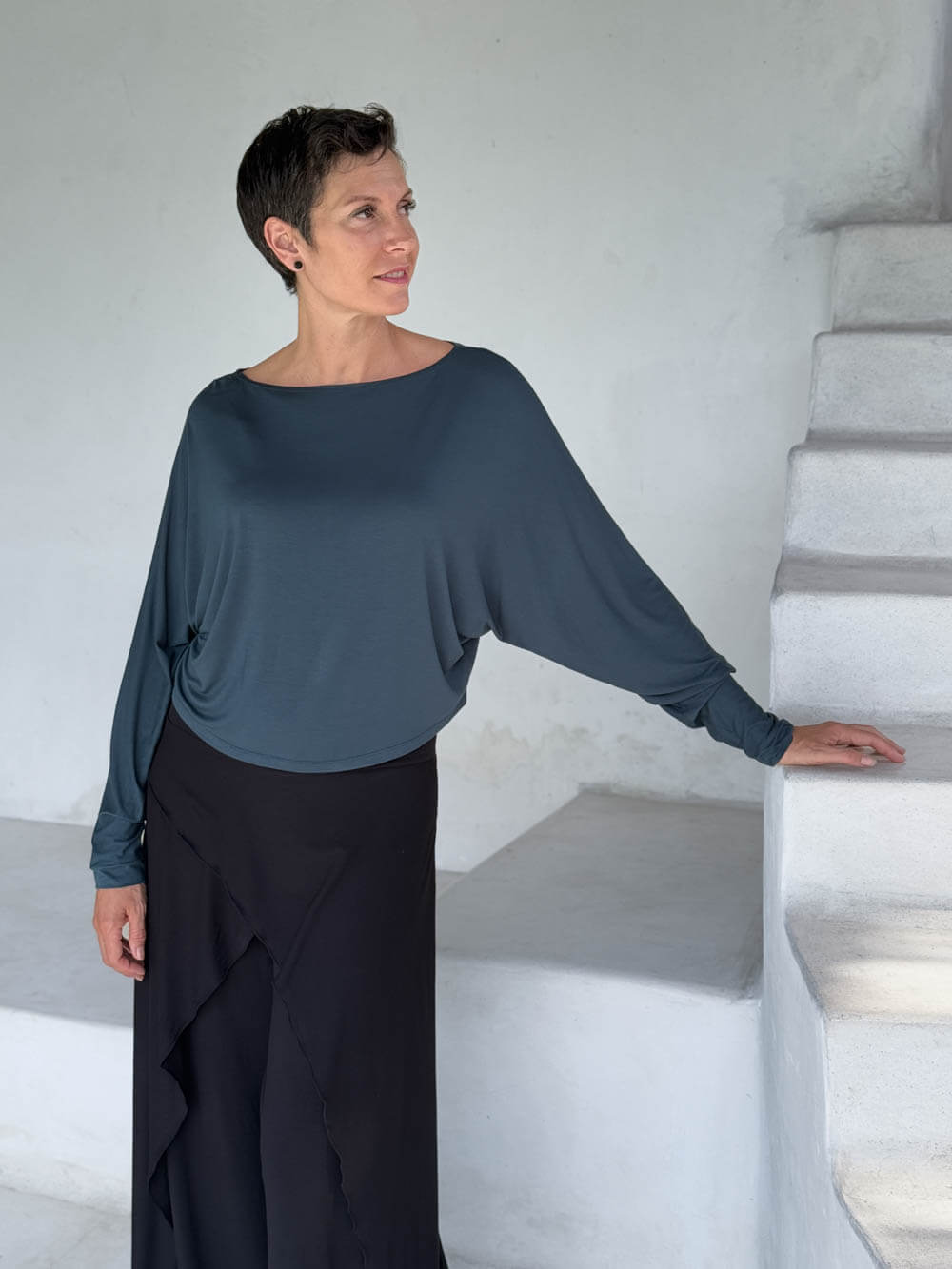 caraucci lightweight rayon jersey teal long sleeve dolman top with black wide leg slit pants #color_teal