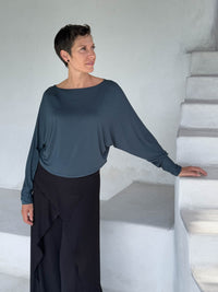 caraucci lightweight rayon jersey teal long sleeve dolman top with black wide leg slit pants #color_teal