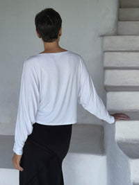 caraucci lightweight rayon jersey white long sleeve dolman top #color_white