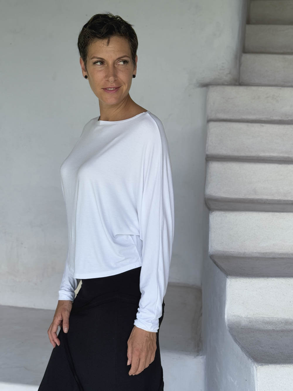 caraucci lightweight rayon jersey white long sleeve dolman top #color_white