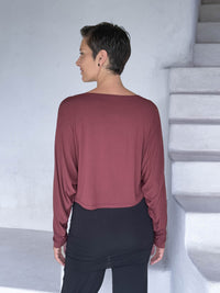 caraucci lightweight rayon jersey maroon long sleeve dolman top with black skirt over pants #color_wine