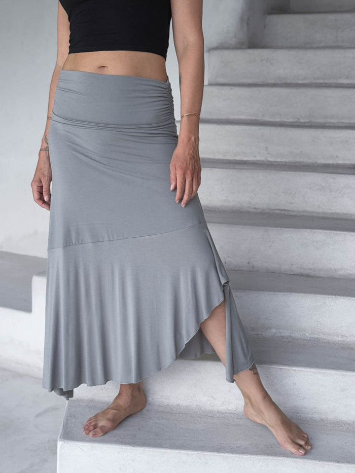 caraucci plant-based stretchy jersey convertible light gray asymmetrical midi skirt #color_stone