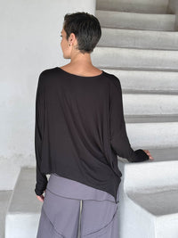 asymmetrical lightweight rayon jersey black long sleeve top #color_black
