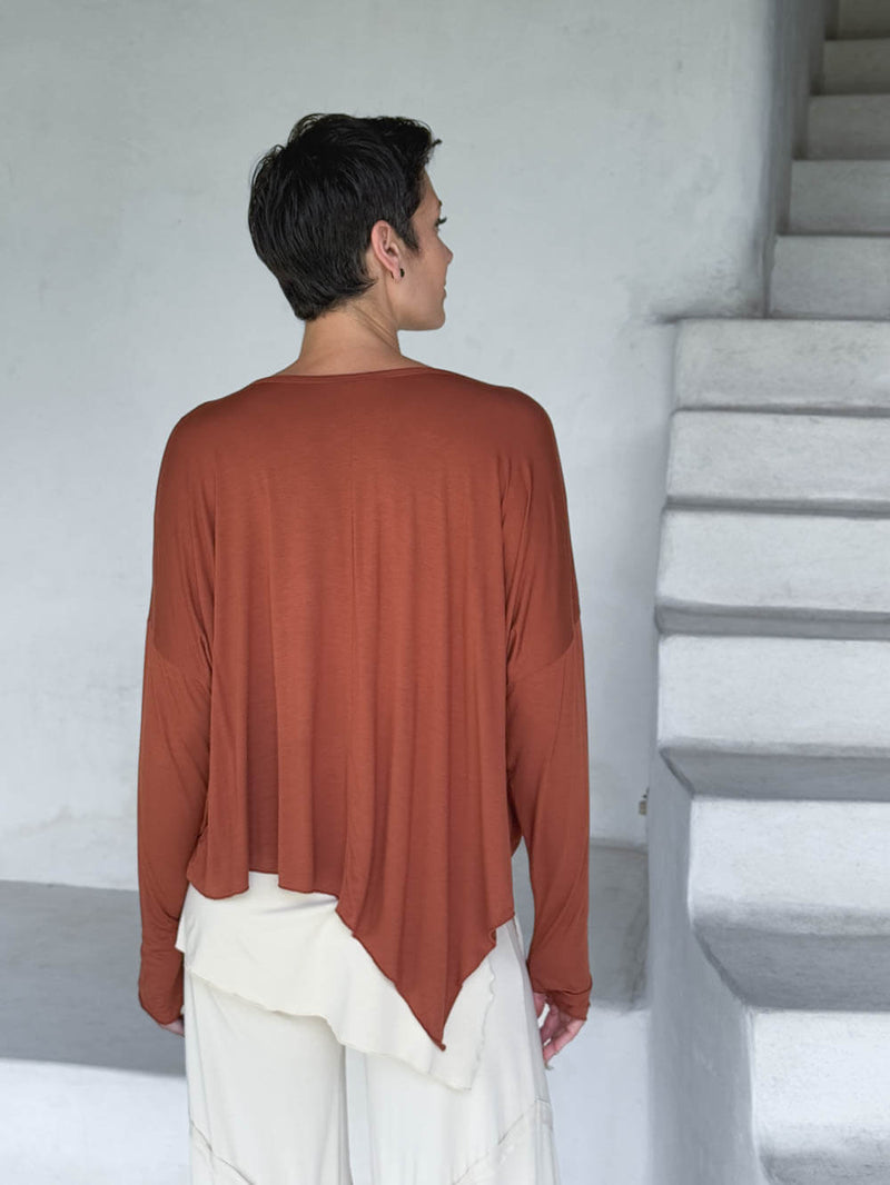 caraucci asymmetrical lightweight rayon jersey copper long sleeve top #color_copper