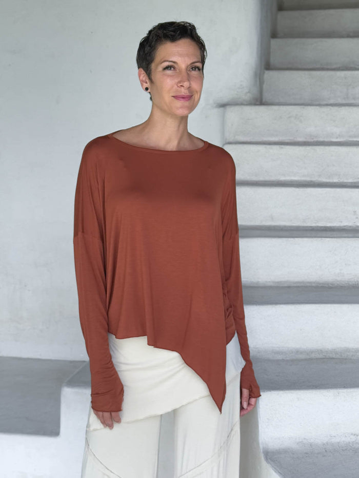 caraucci asymmetrical lightweight rayon jersey copper long sleeve top #color_copper
