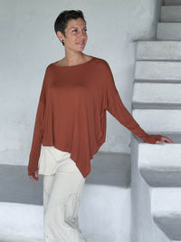 caraucci asymmetrical lightweight rayon jersey copper long sleeve top #color_copper