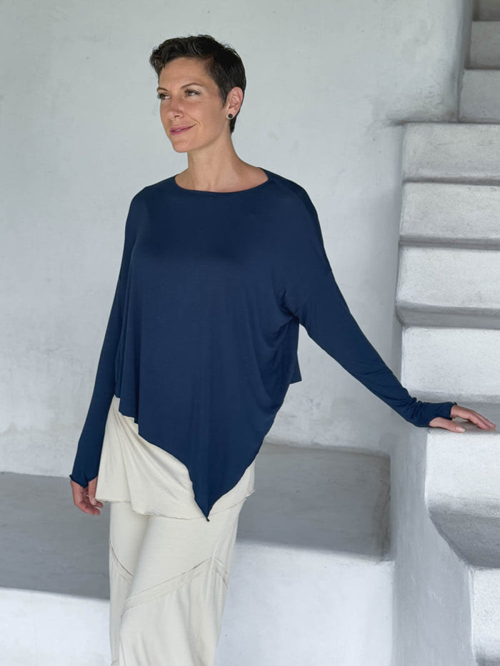 asymmetrical lightweight rayon jersey navy long sleeve top #color_navy