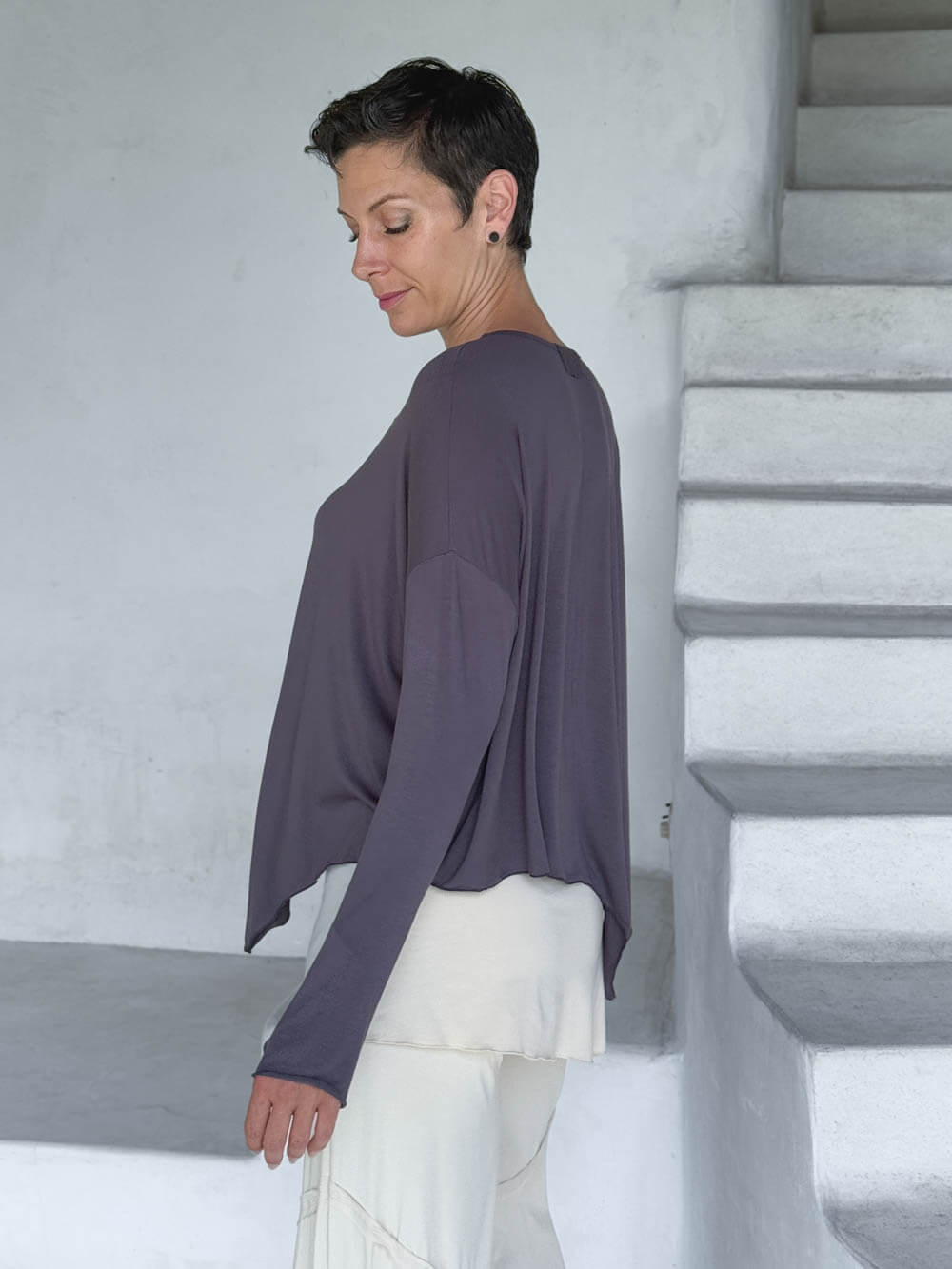 asymmetrical lightweight rayon jersey steel gray long sleeve top #color_steel