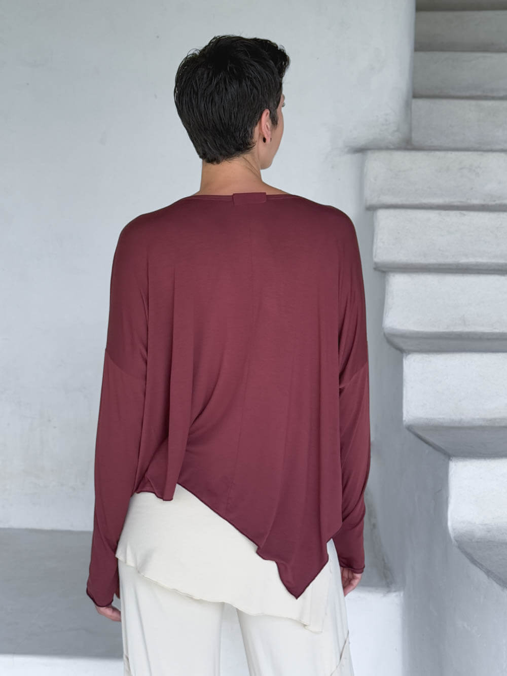 asymmetrical lightweight rayon jersey maroon long sleeve top #color_wine