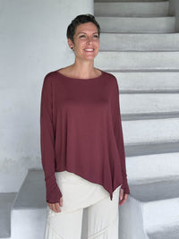 asymmetrical lightweight rayon jersey maroon long sleeve top #color_wine