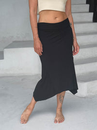 caraucci stretch rayon jersey asymmetrical black midi skirt #color_black