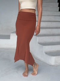 caraucci stretch rayon jersey asymmetrical copper midi skirt #color_copper