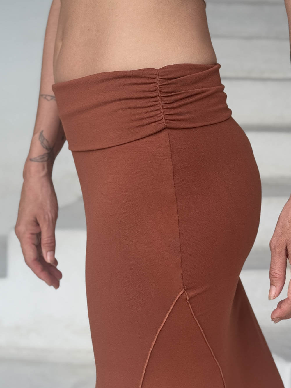 caraucci stretch rayon jersey asymmetrical copper midi skirt #color_copper