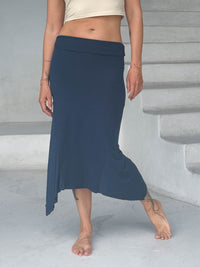 caraucci stretch rayon jersey asymmetrical navy blue midi skirt #color_navy