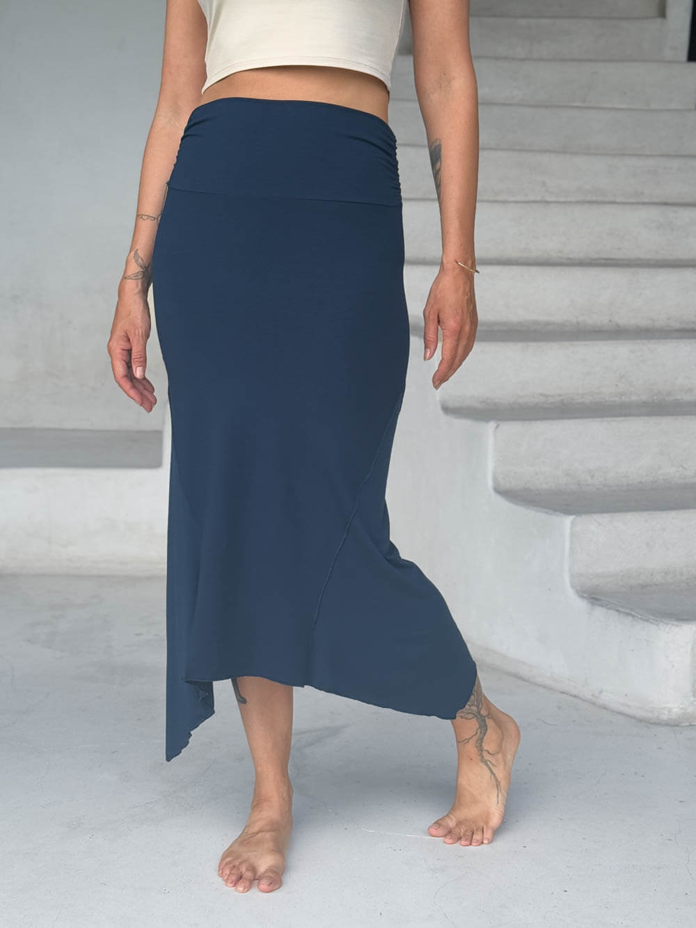 caraucci stretch rayon jersey asymmetrical navy blue midi skirt #color_navy