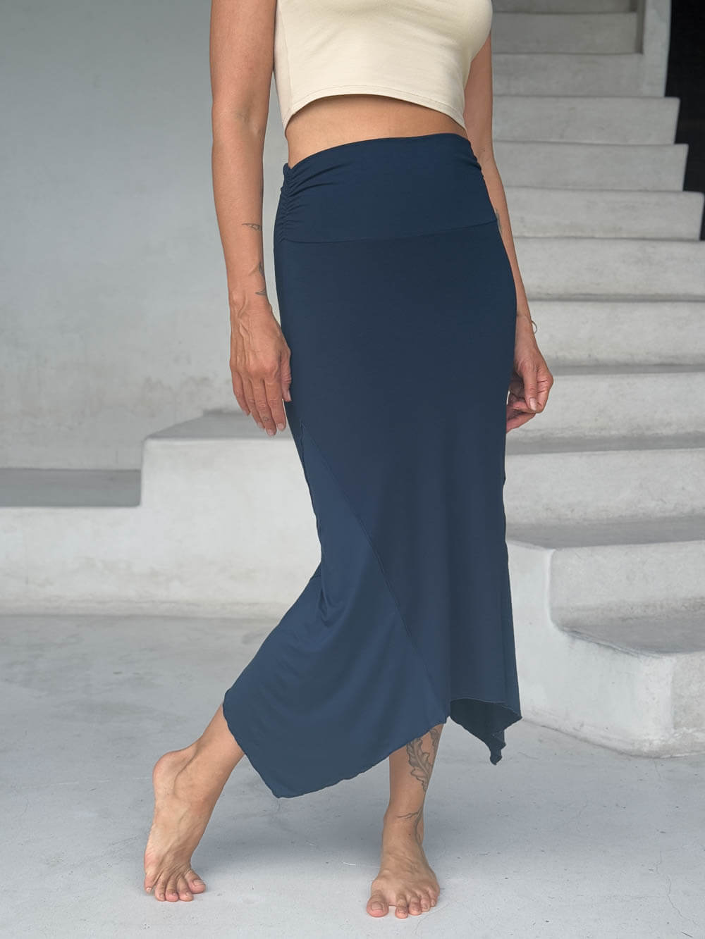 caraucci stretch rayon jersey asymmetrical navy blue midi skirt #color_navy