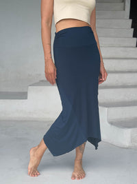 caraucci stretch rayon jersey asymmetrical navy blue midi skirt #color_navy