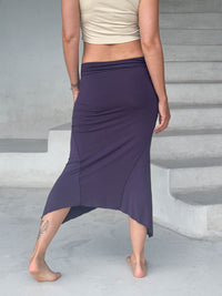 caraucci stretch rayon jersey asymmetrical purple midi skirt #color_plum