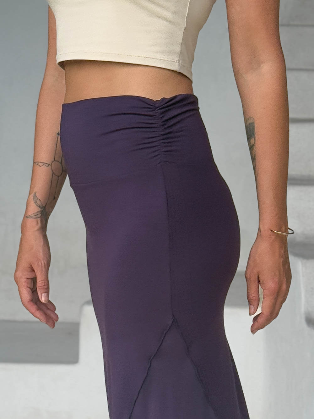 caraucci stretch rayon jersey asymmetrical purple midi skirt #color_plum