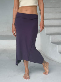 caraucci stretch rayon jersey asymmetrical purple midi skirt #color_plum