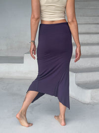 caraucci stretch rayon jersey asymmetrical purple midi skirt #color_plum