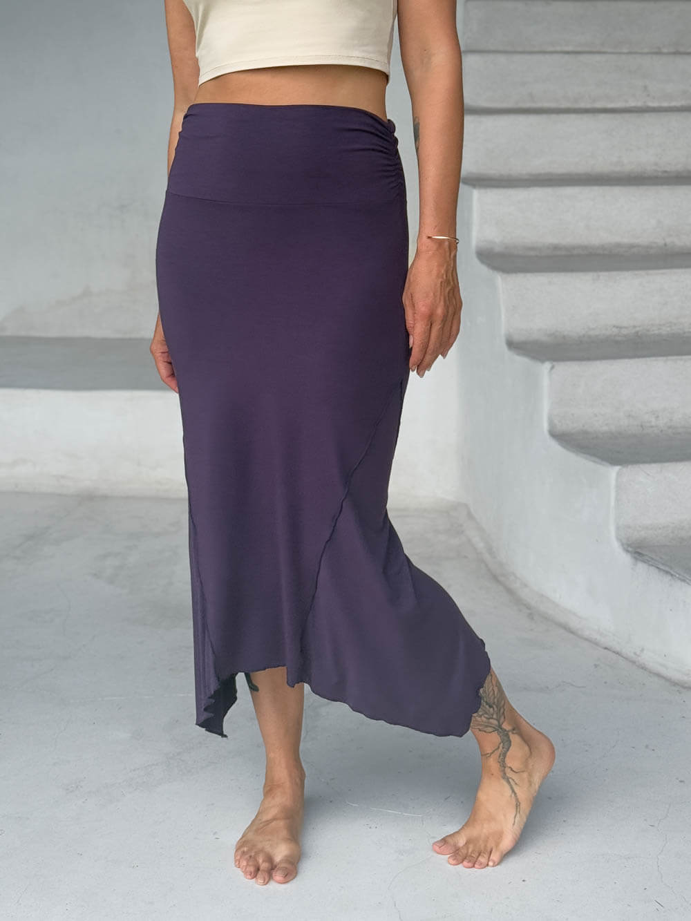 caraucci stretch rayon jersey asymmetrical purple midi skirt #color_plum